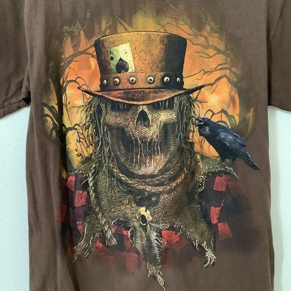 Brown Y2K Halloween Spooky Scary Horror Haunted Scarecrow Graphic Tee Men's M - Picture 2 of 8
